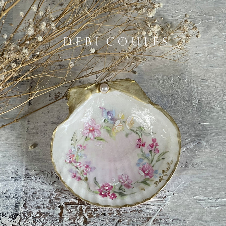 Shabby Chic Hand Painted Shell with Pink Cabbage Roses, Wildflower Wreath, Gold Accents and  Pearl – by Debi Coules