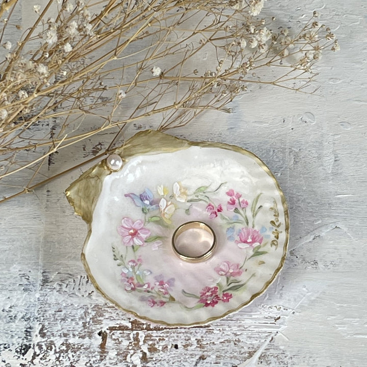 Shabby Chic Hand Painted Shell with Pink Cabbage Roses, Wildflower Wreath, Gold Accents and  Pearl – by Debi Coules