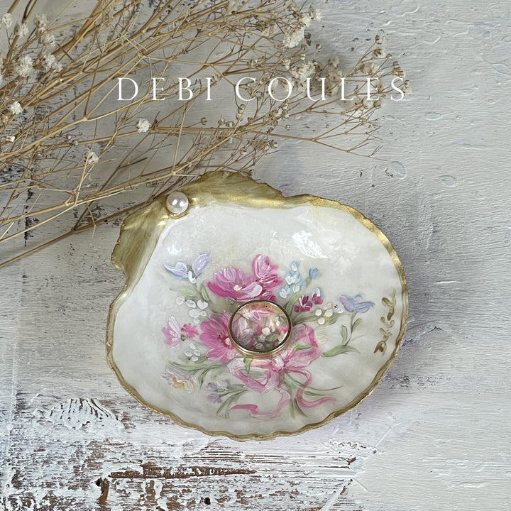 Shabby Chic Hand Painted Shell with Wild Rose Bouquet, Wildflowers and Pink Ribbon – by Debi Coules