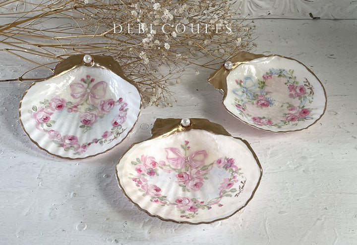 "Heart of Roses" Hand-Painted Seashell Trinket Dish Shabby Chic  by Debi Coules