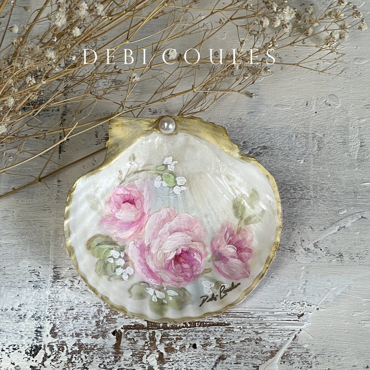 Floral rose garland hand-painted on seashell keepsake