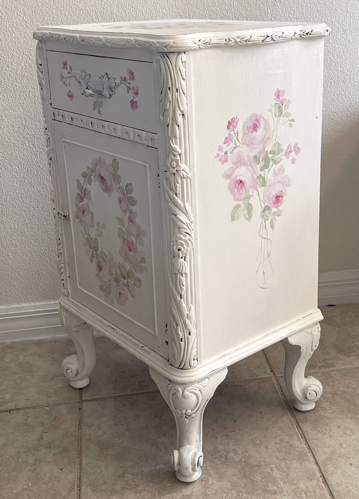 Shabby Chic Antique Ornate Hand Painted Roses Cabinet Side Table Original by Debi Coules