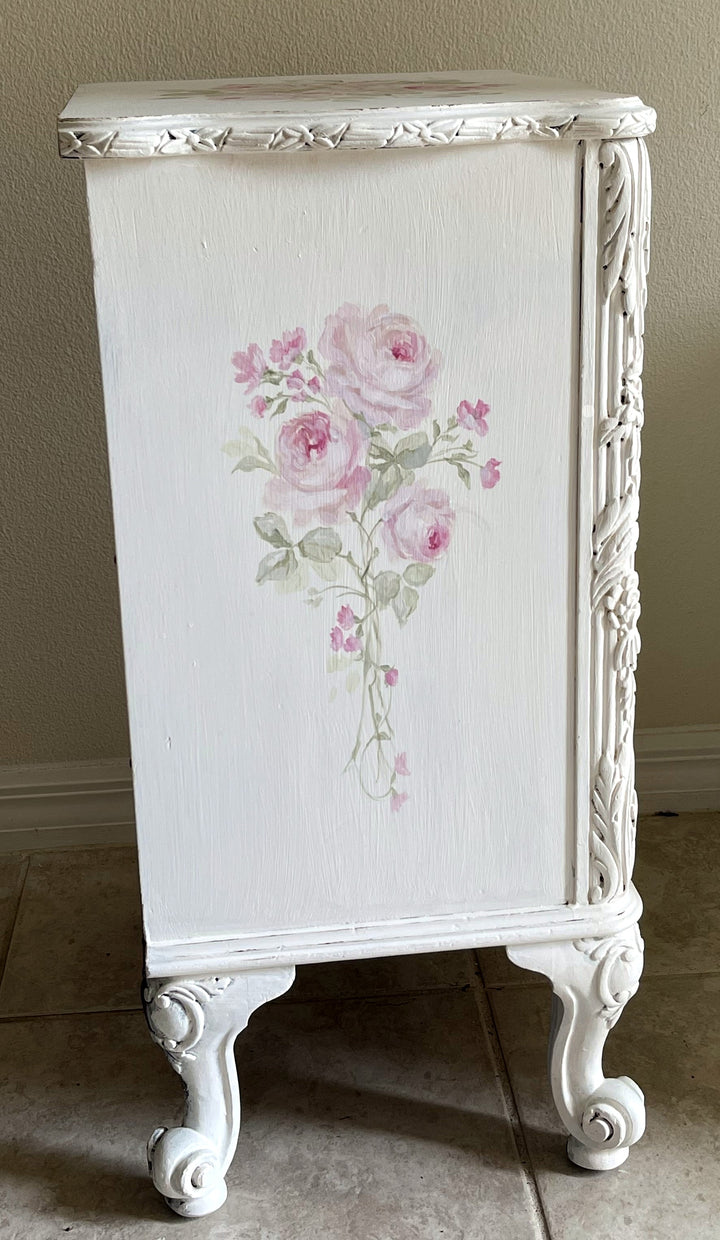 Shabby Chic Antique Ornate Hand Painted Roses Cabinet Side Table Original by Debi Coules