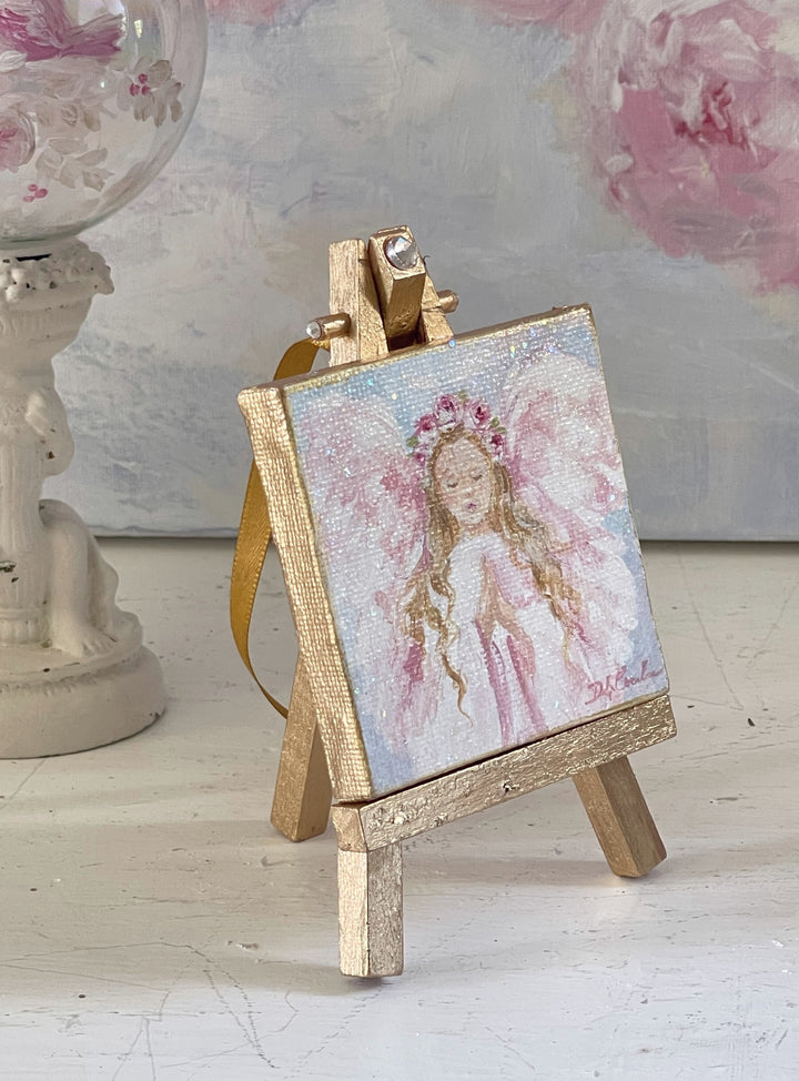 Holiday Angel With Roses Crown Painting Ornament On Easel With Swarovski Original by Debi Coules