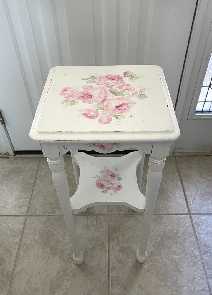 Shabby Chic Antique Hand Painted Pink Roses Table With Shelf Original by Debi Coules