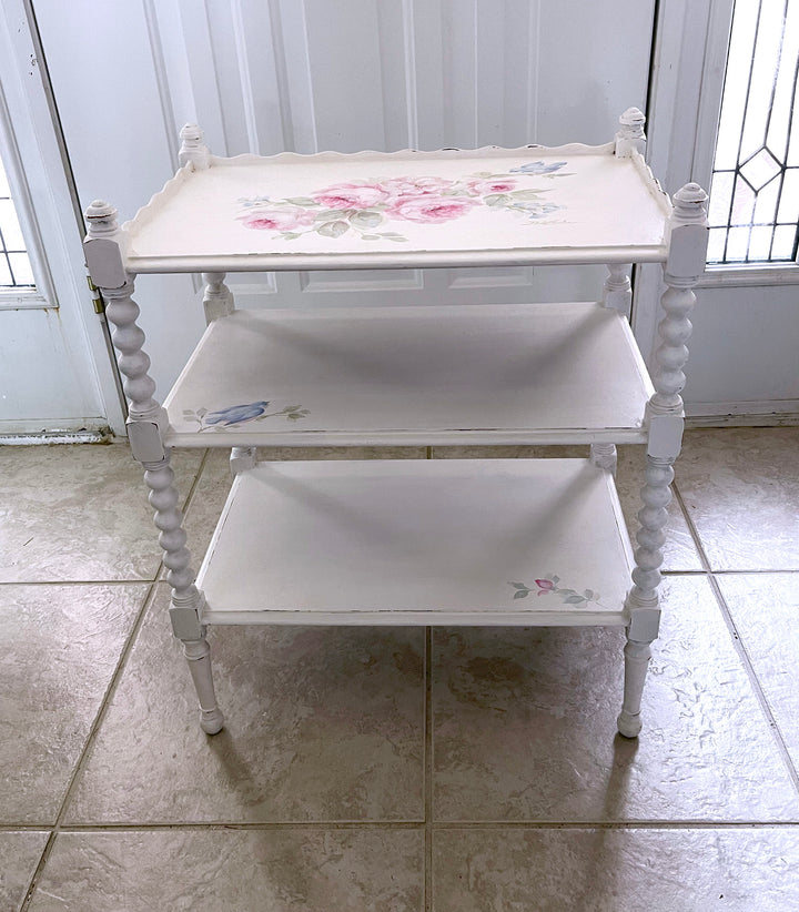 Shabby Chic Antique Hand-Painted Bluebird and Roses Table With Shelves Original by Debi Coules