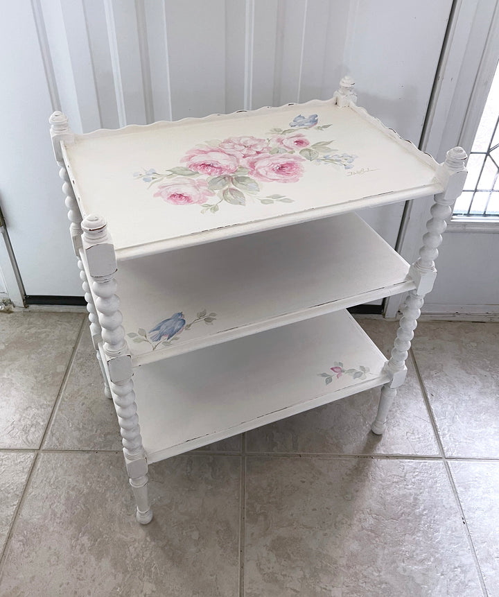Shabby Chic Antique Hand-Painted Bluebird and Roses Table With Shelves Original by Debi Coules