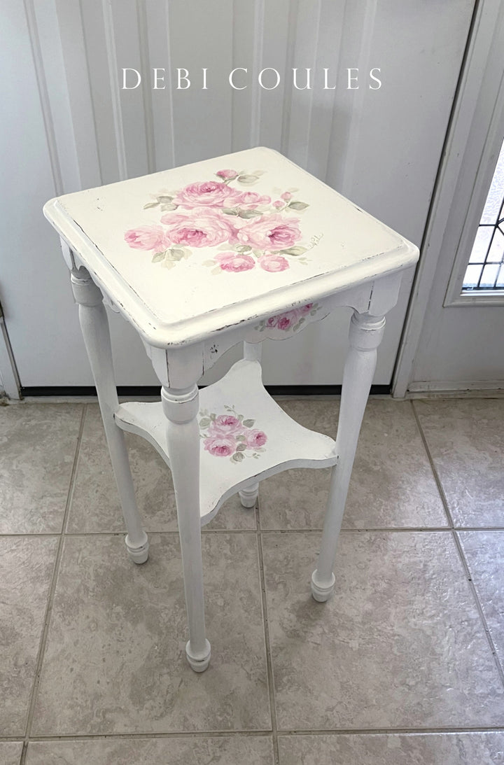 Shabby Chic Antique Hand Painted Pink Roses Table With Shelf Original by Debi Coules