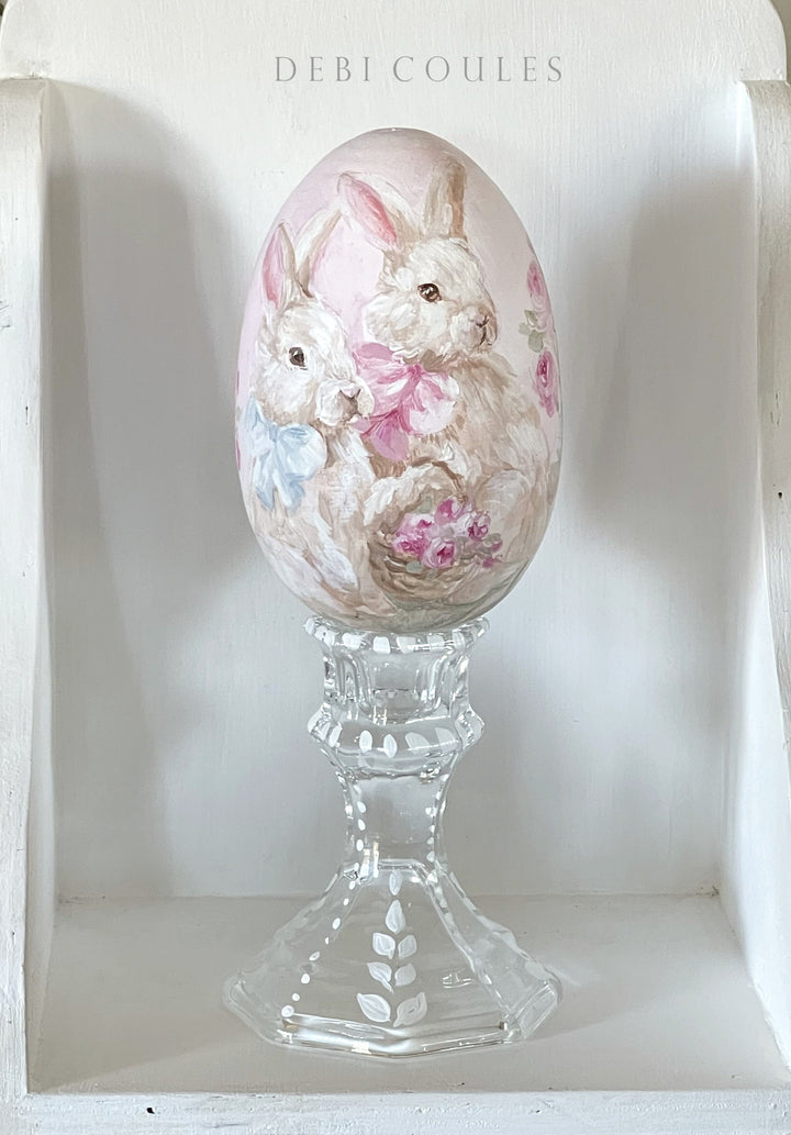 Debi Coules Hand-Painted Easter Egg with Stand – Two Bunnies with Pink Roses, Shabby Chi