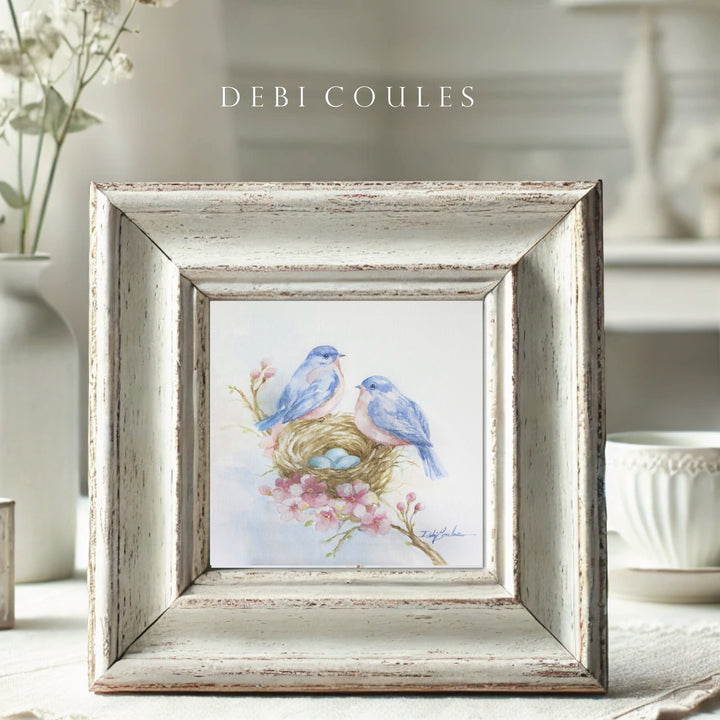 Rose Nest Retreat with Bluebirds Watercolor Fine Art Paper Print Cottage Style by Debi Coules Shabby Chic