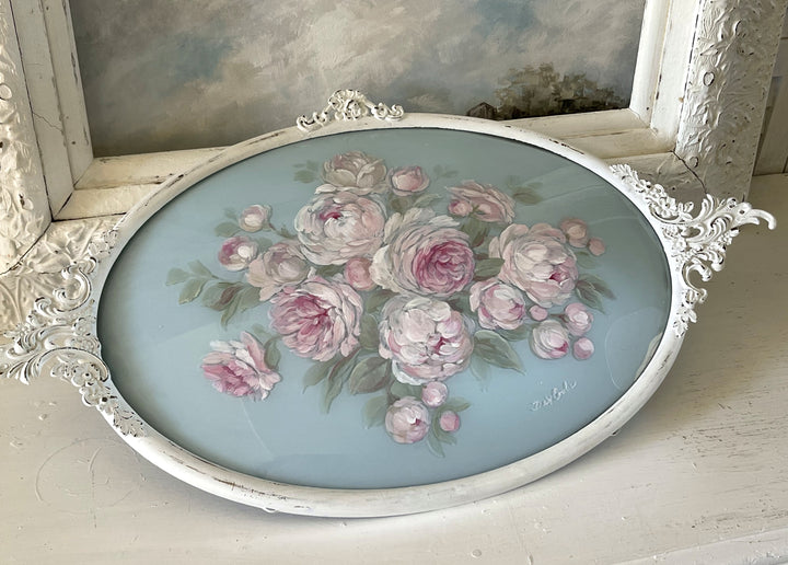 Shabby Chic Antique Peonies And Roses  Metal Framed Original Painting On Convex Glass by Debi Coules