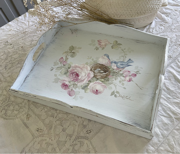 Vintage Large Wooden Tray Bluebirds Roses and Nest Original by Debi Coules