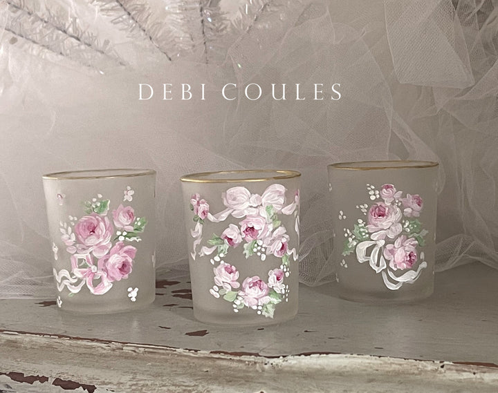 Rose Votives Hand -Painted Pink Holiday shabby chic by Debi Coules