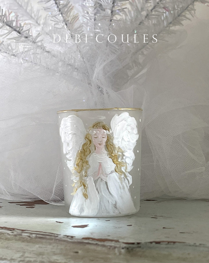 Angel Praying Votive Frosted Glass Hand Painted Holiday Original Debi Coules
