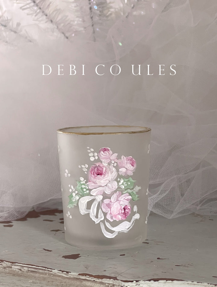 Pink Roses Votive Hand Painted Holiday Shabby Chic Original Debi Coules