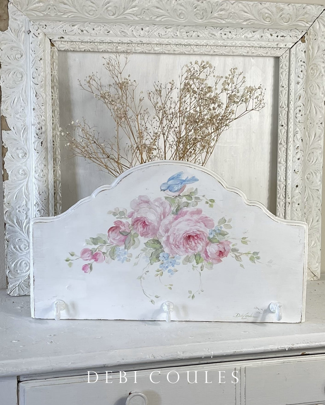 PINK ROSES WALL HANGER WITH CURVED EDGES A BLUEBIRD AND METAL HOOKS PAINTED WHITE VINTAGE OLD WORLD CHARM