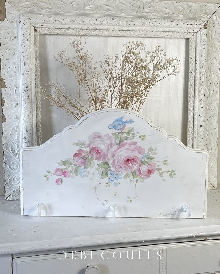 Shabby Chic Hand-Painted Bluebird and Roses Wall Hanger with Hooks – By Debi Coules