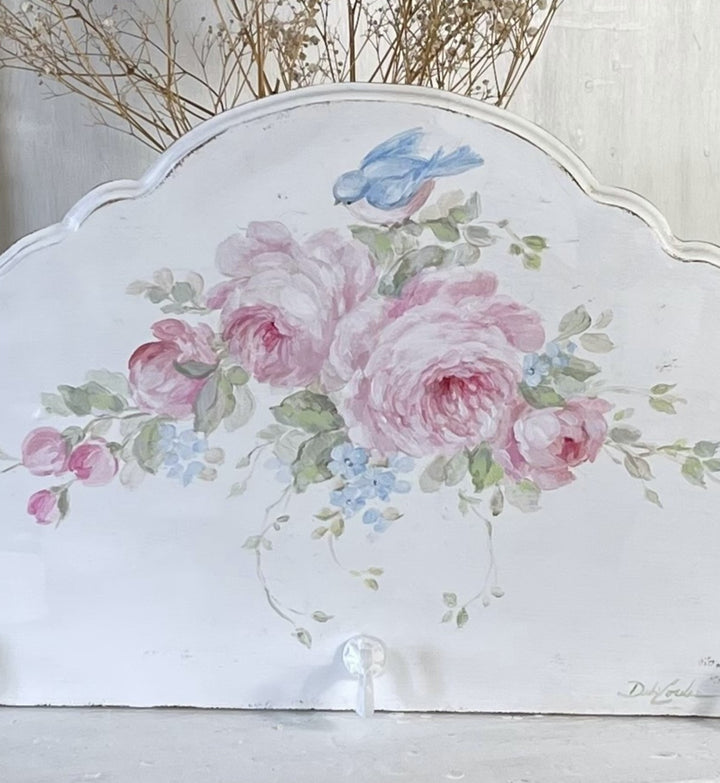 Shabby Chic Hand-Painted Bluebird and Roses Wall Hanger with Hooks – By Debi Coules