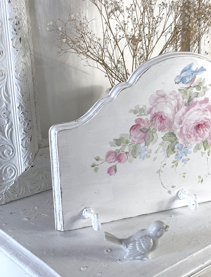 Shabby Chic Hand-Painted Bluebird and Roses Wall Hanger with Hooks – By Debi Coules