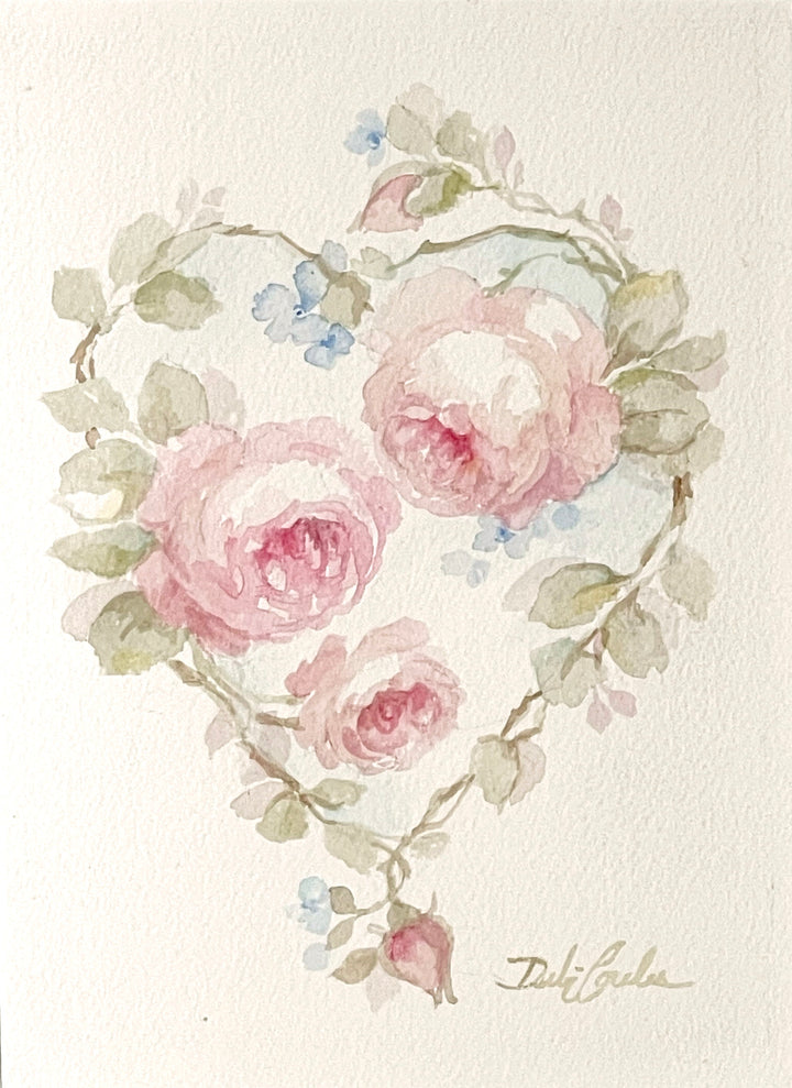 Rose Heart Watercolor Original Painting by Debi Coules Romantic Art
