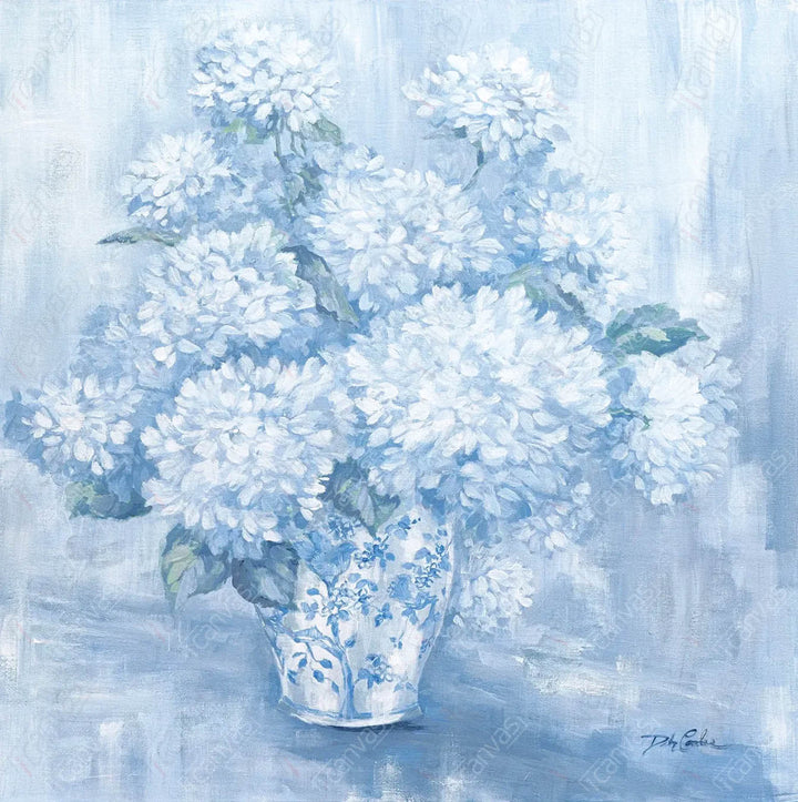 "White hydrangeas in blue and white vase" Canvas Print