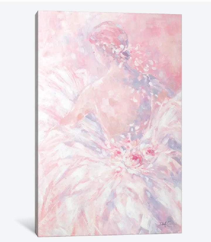 A canvas print featuring a ballet dancer in a shabby chic style, with soft pink and white tones, and floral elements.