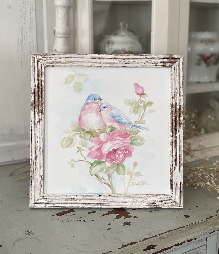 Bluebirds and Roses Original Watercolor Painting Framed by Debi Coules Shabby Chic