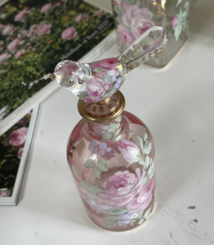 Shabby Chic Hand Painted Roses Glass Perfume Bottle Bird Stopper with Original by Debi Coules