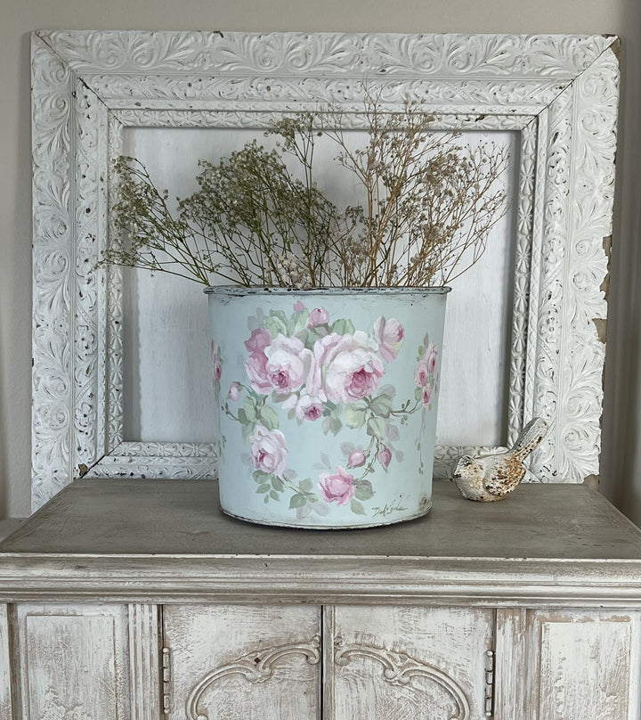 Shabby Chic Large Vintage Bucket with Rose Wreath – by Debi Coules