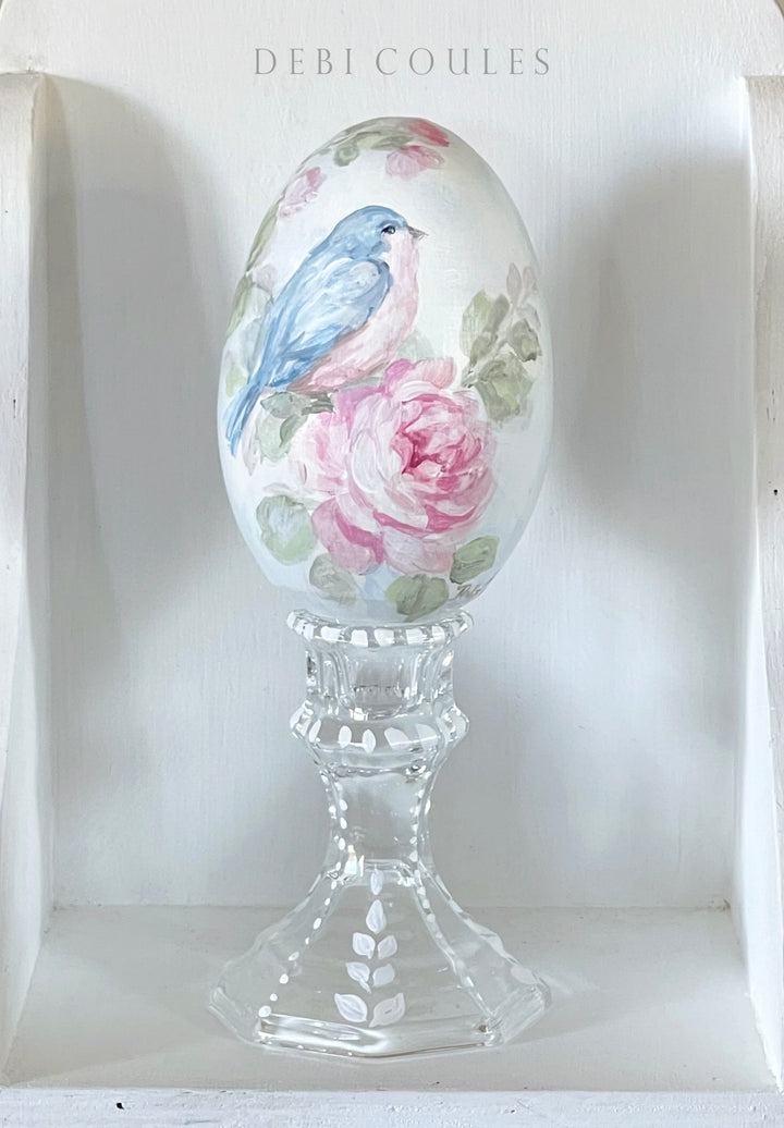 Debi Coules Hand-Painted Easter Egg with Stand – Bluebird and Pink Roses, Shabby Chic