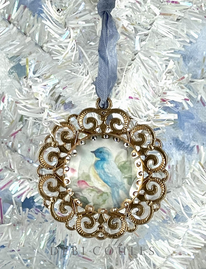 Holiday Bluebird And Rosebud Ornament Tree Jewelry Shabby Chic by Debi Coules