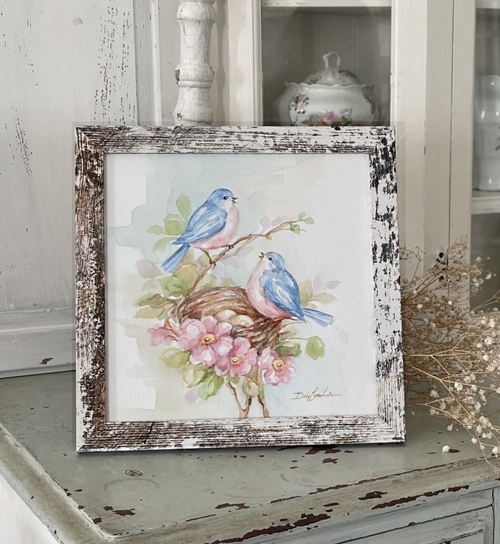 Bluebirds Roses and Nest Original Watercolor Framed Painting by Debi Coules