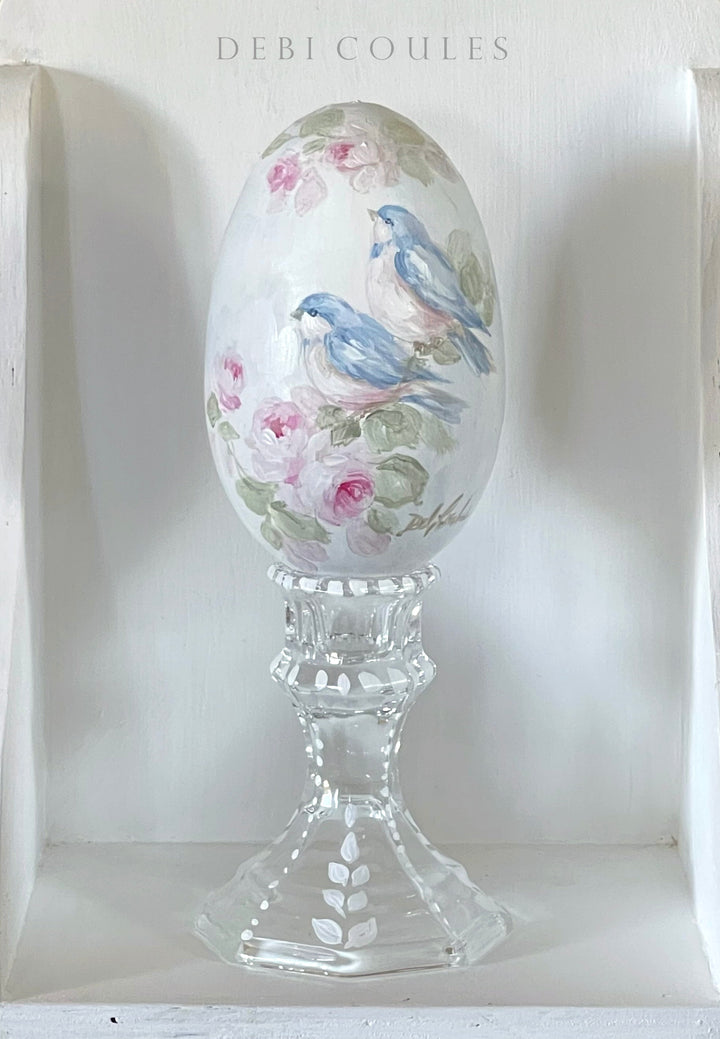 Debi Coules Hand-Painted Easter Egg with Stand – Bluebird and Pink Roses, Shabby Chic