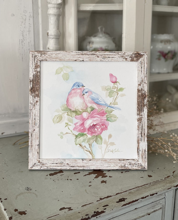 Bluebirds and Roses Original Watercolor Painting Framed by Debi Coules Shabby Chic