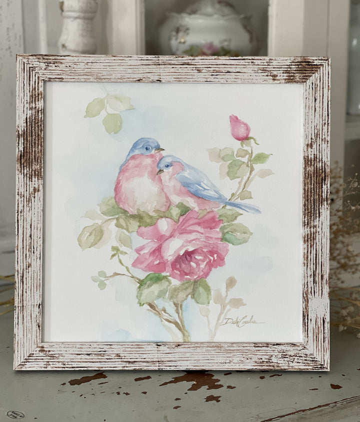 Bluebirds and Roses Original Watercolor Painting Framed by Debi Coules Shabby Chic
