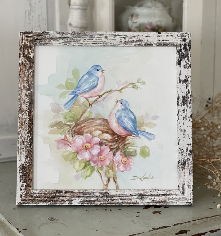 Bluebirds Roses and Nest Original Watercolor Framed Painting by Debi Coules