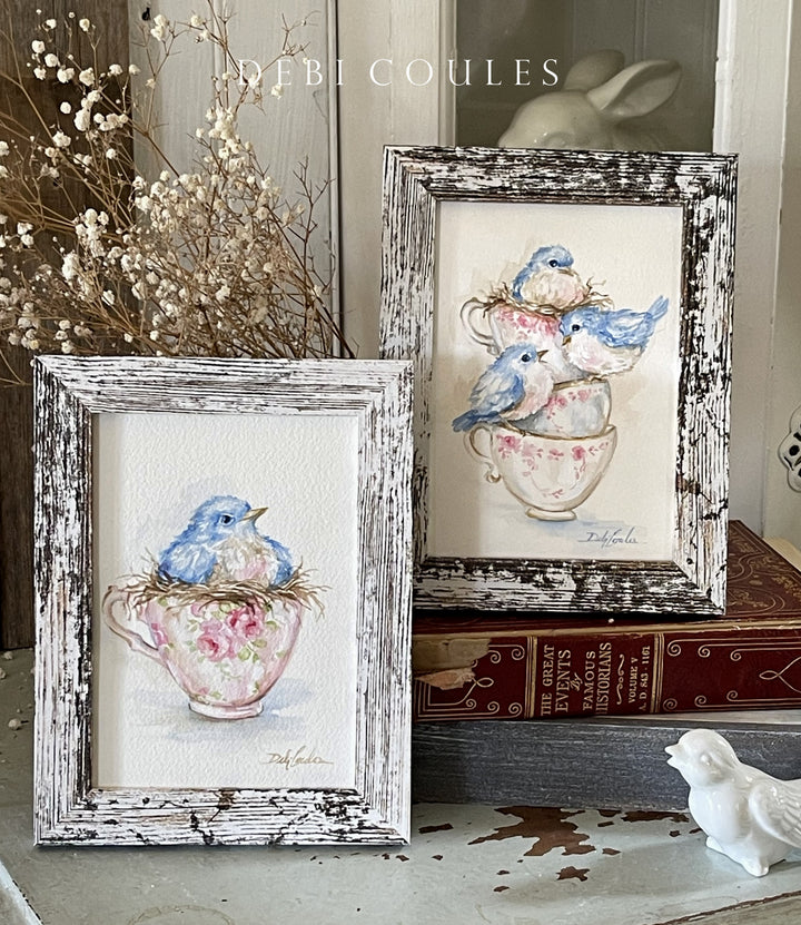 Sweet Gatherings- Original Bluebird Watercolor Painting by Debi Coules