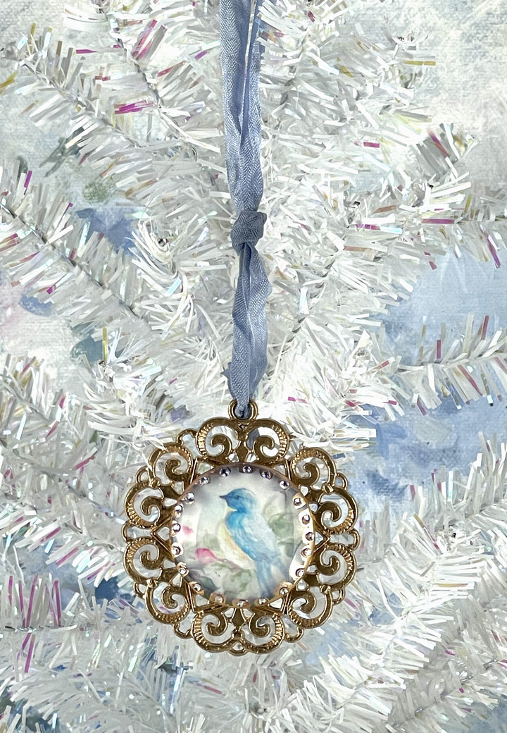 Holiday Bluebird And Rosebud Ornament Tree Jewelry Shabby Chic by Debi Coules