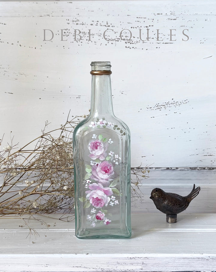 Shabby Chic Antique roses Bottle Bud Vase Original by Debi Coules