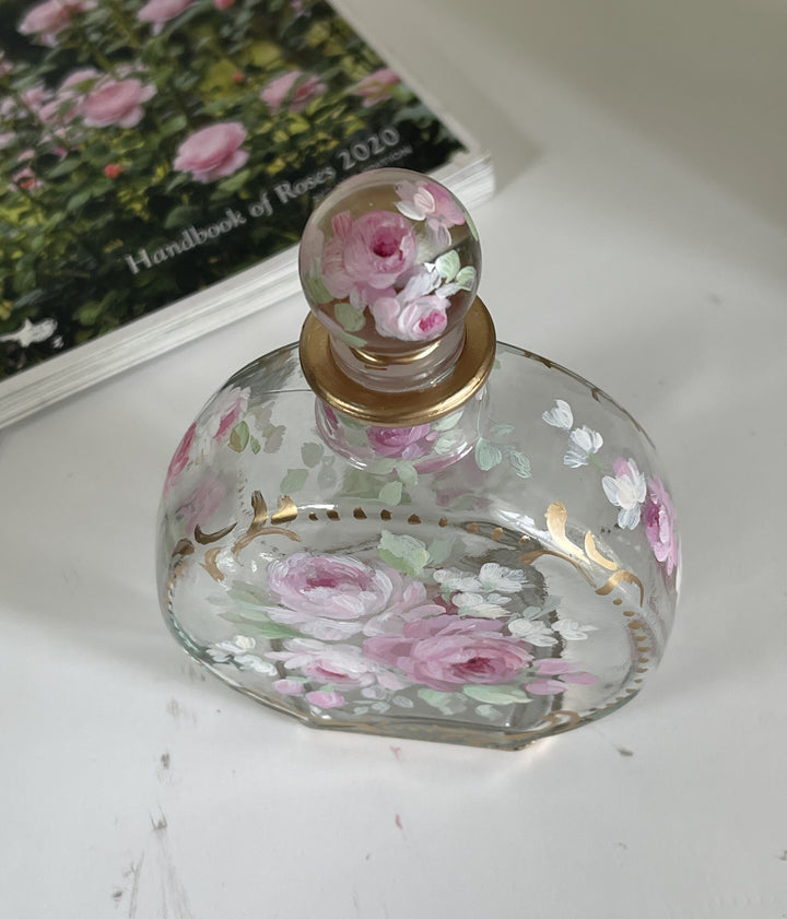 Shabby Chic Hand Painted Pink Roses Glass Perfume Bottle Original by Debi Coules