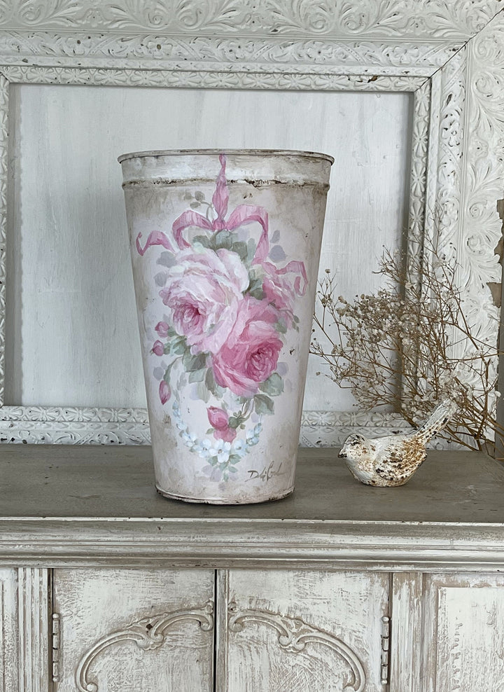Vintage Shabby Chic Tapered Bucket with Hand Painted Pink Roses – by Debi Coules
