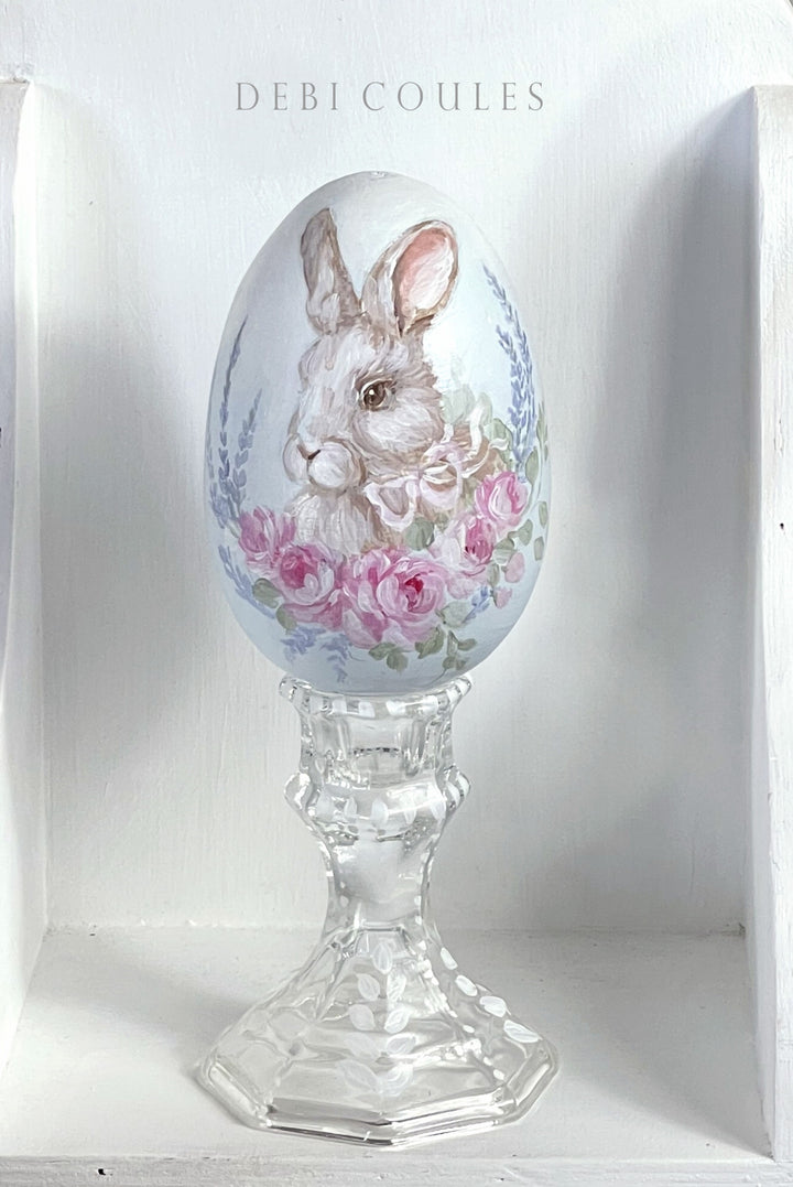 Hand-Painted Bunny Easter Egg with Pink Roses and Lavender – A Shabby Chic Treasure by Debi Coules