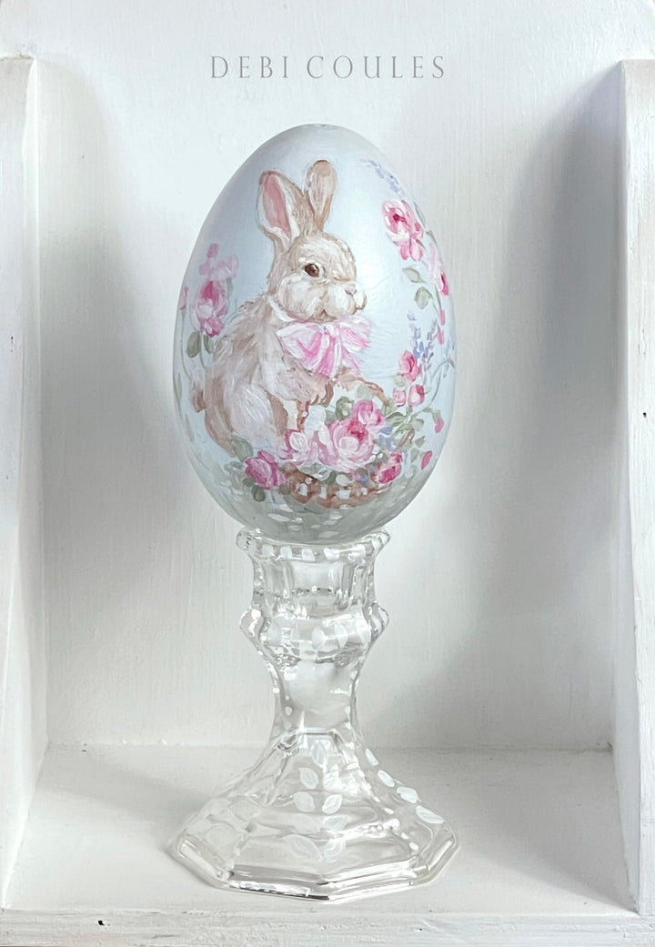 Hand-Painted Bunny Easter Egg with Pink Roses – A Shabby Chic Treasure by Debi Coules