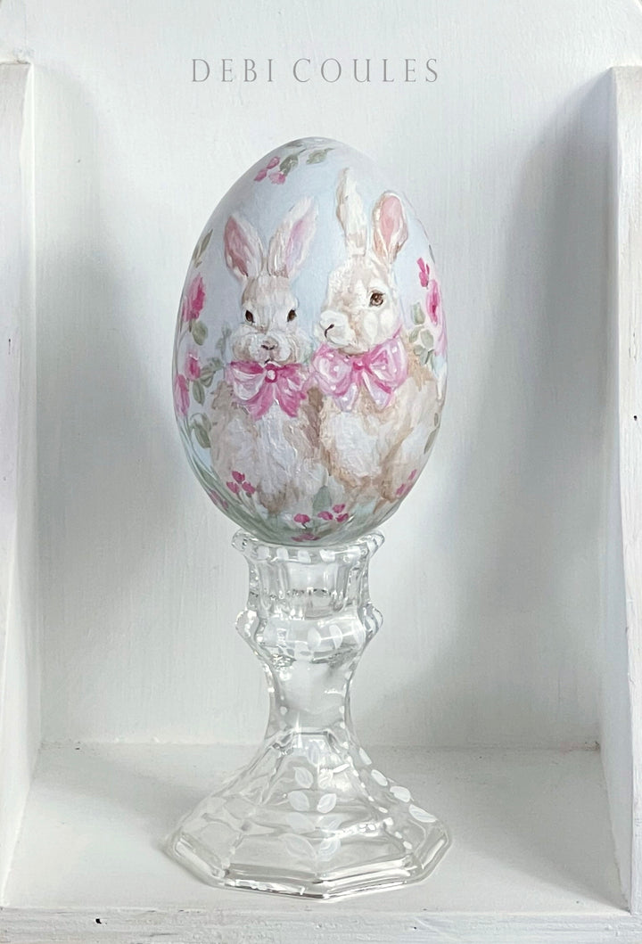 Hand-Painted Easter Egg with Two Bunnies, Pink Roses and Bows – A Shabby Chic Treasure by Debi Coules