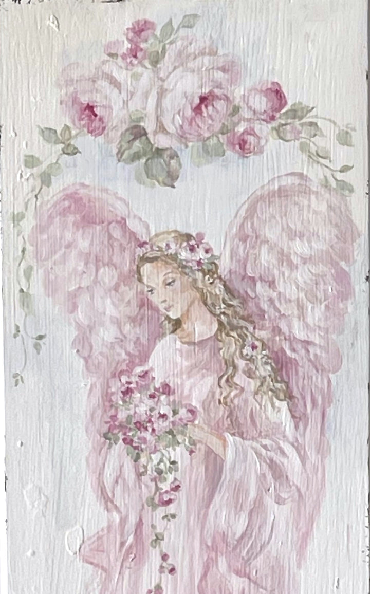 Shabby Chic Antique Large Wooden Panel Angel With Roses Hand Painted by Debi Coules