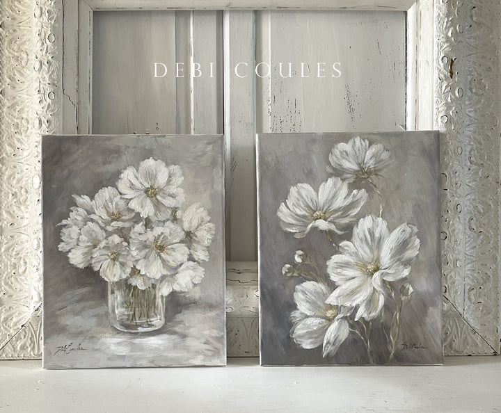 "Cosmos Bouquet" Shabby Chic White Cosmos Original Painting by Debi Coules
