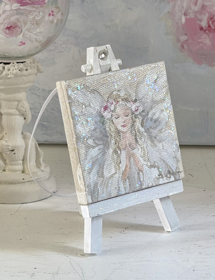 Holiday Angel With Roses Crown Painting Ornament On Easel With Swarovski by Debi Coules