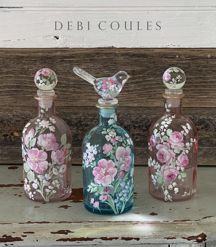 Hand-painted Glass Perfume Bottle Pink Wild Roses and Wildflowers by Debi Coules
