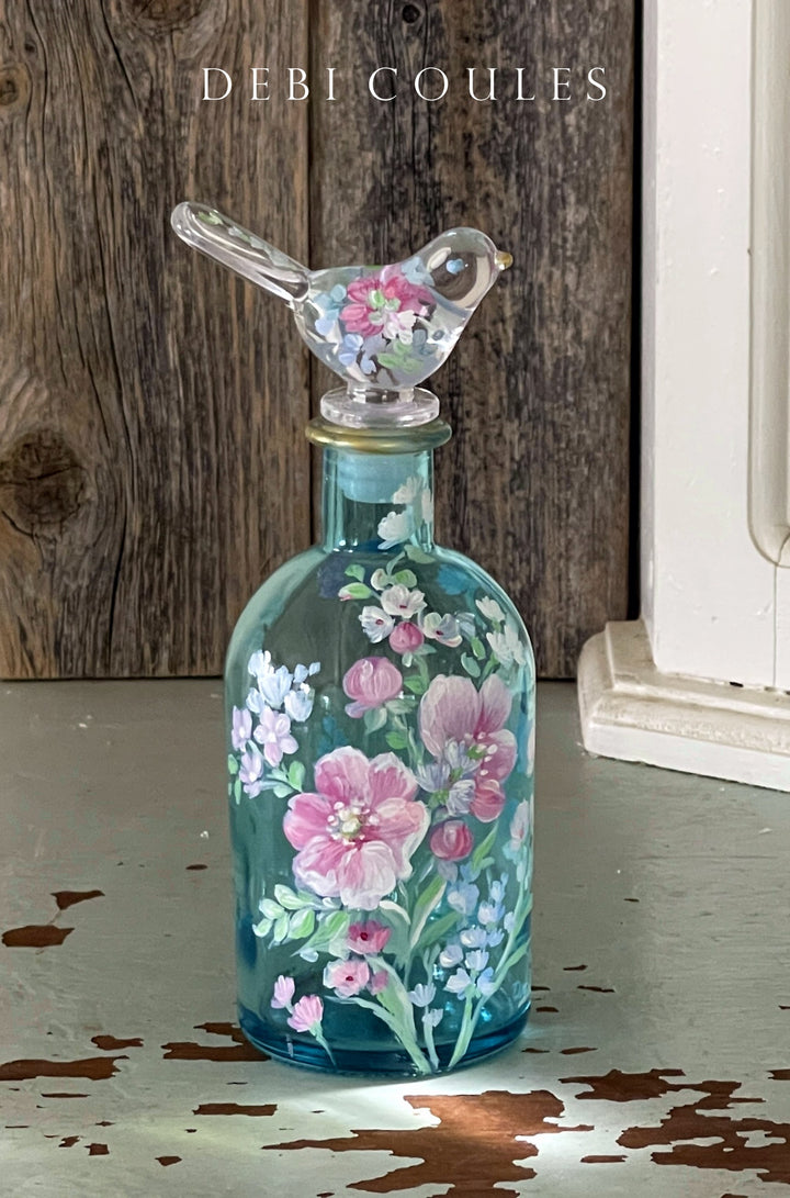 Hand-painted Glass Perfume Bottle Pink Wild Roses and Wildflowers by Debi Coules