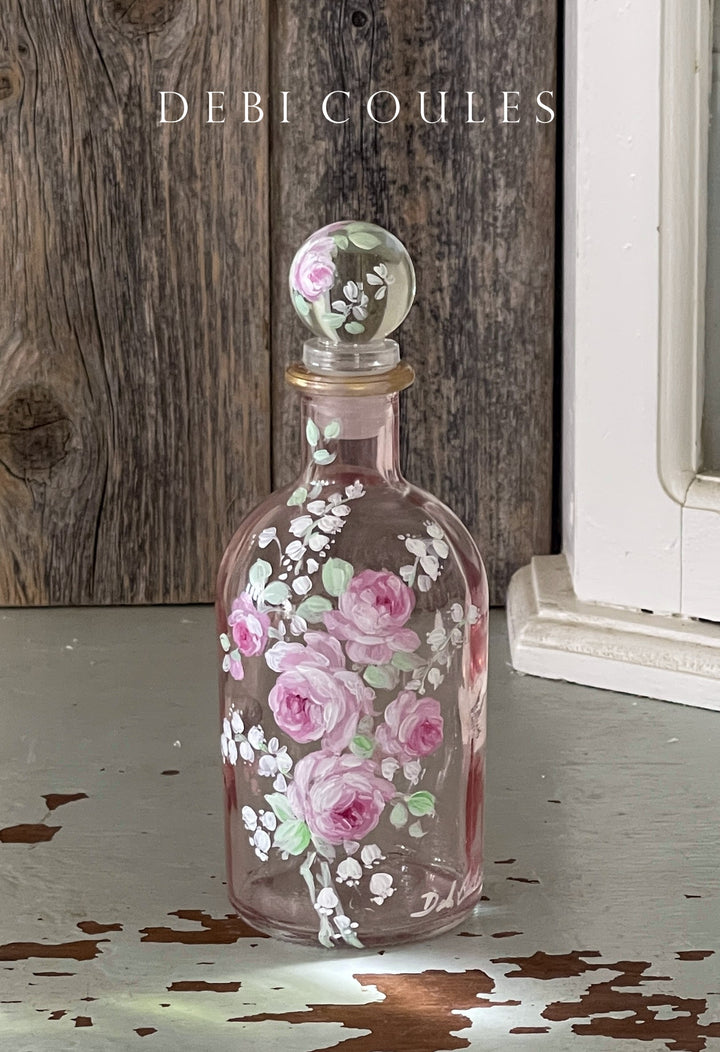 Hand- Painted Glass Perfume Bottle Pink Roses by Debi Coules